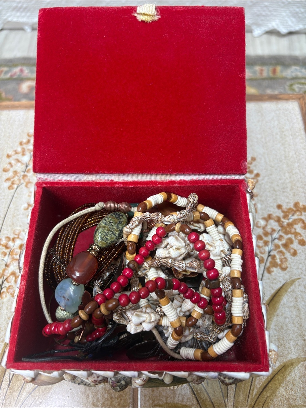 Handmade Seashell Decorative Trinket Box  with Boho Jewelry Bundle